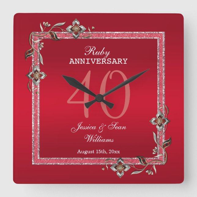 Reloj Cuadrado Ruby Red Gems y Purpurina Ruby 40TH Boda (Anverso)