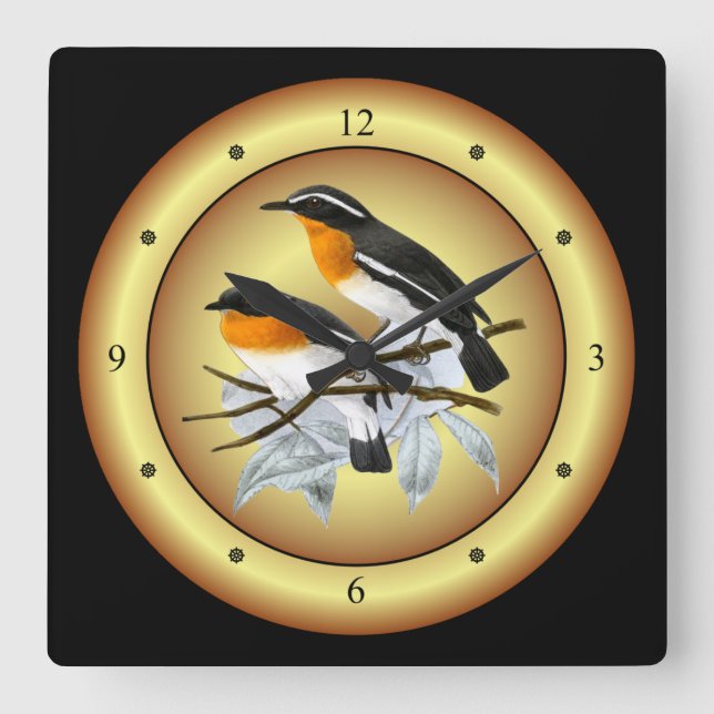 Reloj Cuadrado Rufous-Chested Flycatcher ~ Gold/Black Background~ (Anverso)