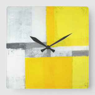 Reloj Cuadrado "Ruidosamente" arte abstracto gris y amarillo