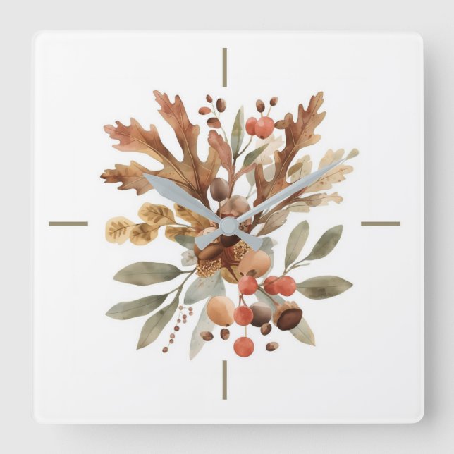 Reloj Cuadrado Rustic Autumn Harvest Botanical Wall Clock (Anverso)