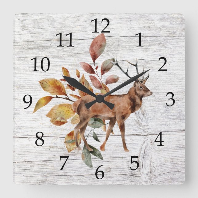 Reloj Cuadrado Rustic Barn Wood Deer Antlers Fall Foliage (Anverso)