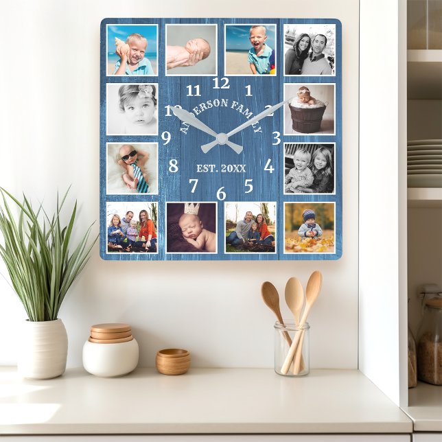 Reloj Cuadrado Rustic Blue Barn Wood Farmhouse 12 Photo Collage (Subido por el creador)