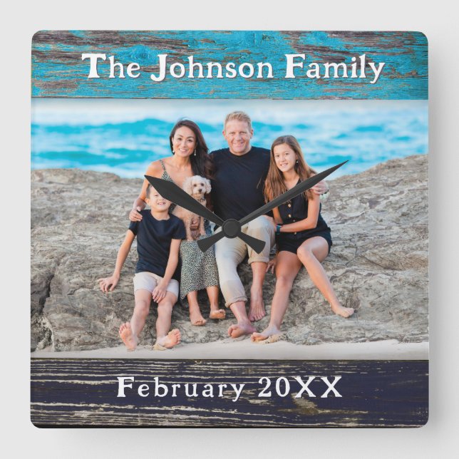 Reloj Cuadrado Rustic Blue Wood Frame Family Name Photo (Anverso)