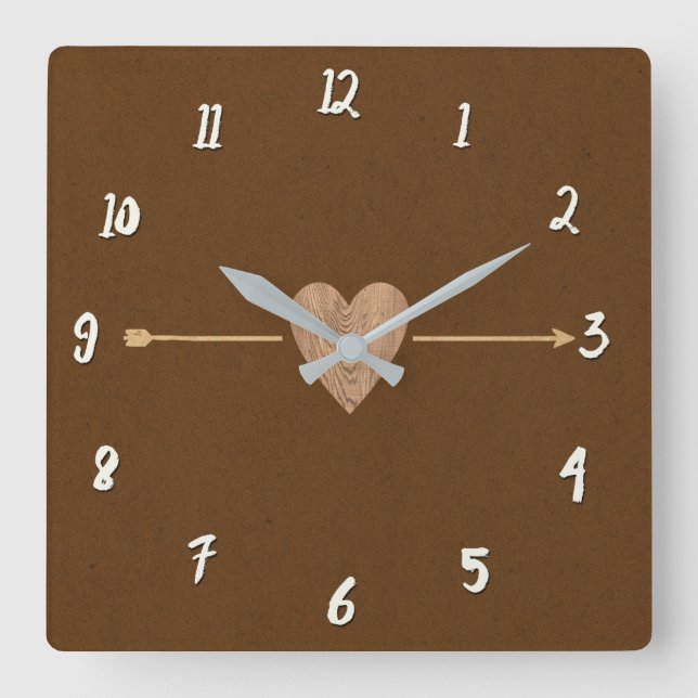 Reloj Cuadrado Rustic Brown Kraft Wood Heart & Arrow (Anverso)