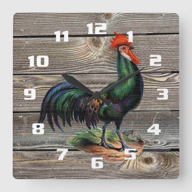 Reloj Cuadrado Rustic Country Rooster Kitchen (Anverso)