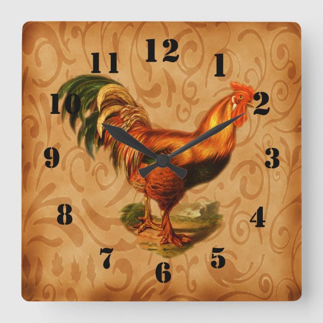 Reloj Cuadrado Rustic Country Rooster Ornate (Anverso)