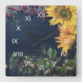 Reloj Cuadrado Rustic Country Sunflowers and Slate Roman Numerals