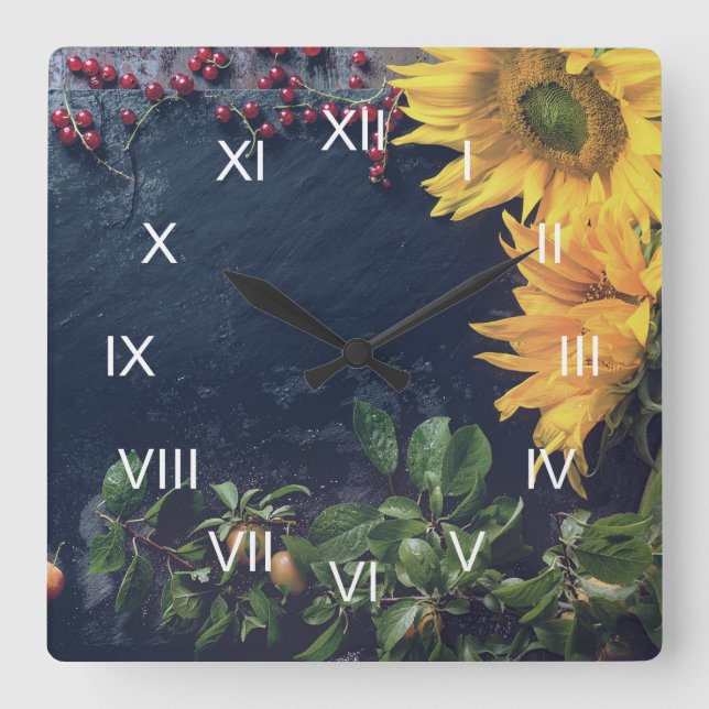 Reloj Cuadrado Rustic Country Sunflowers and Slate Roman Numerals (Anverso)