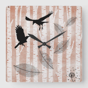 Reloj Cuadrado Rustic Crows in White Birch Forest