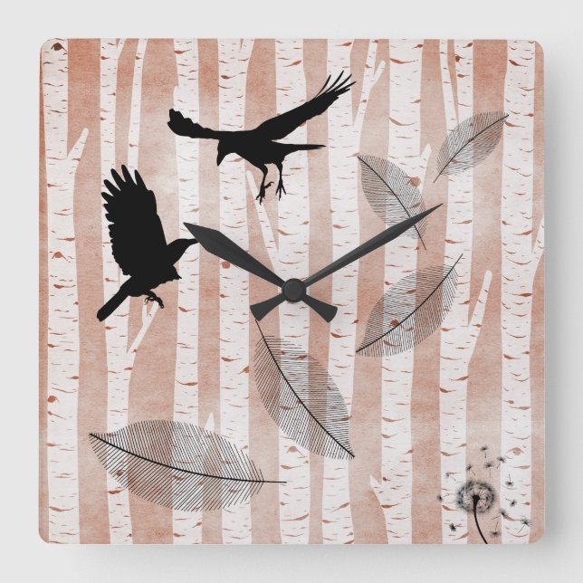 Reloj Cuadrado Rustic Crows in White Birch Forest  (Anverso)