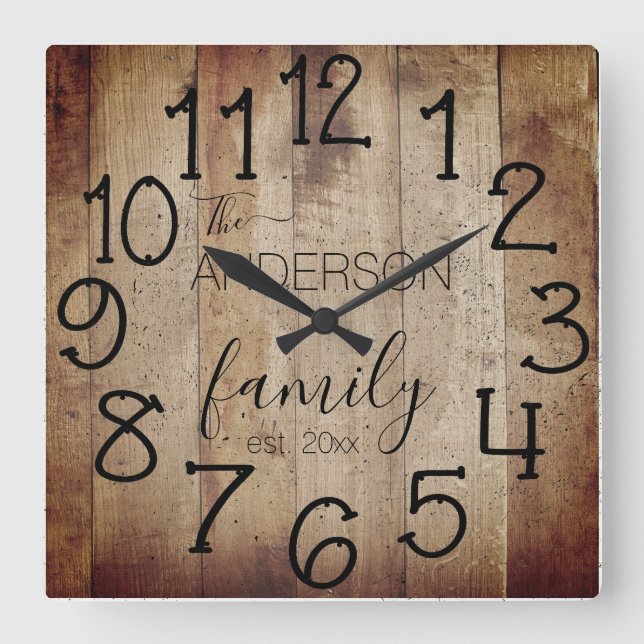 Reloj Cuadrado Rustic Faux Wood Barn Farmhouse Custom Family Name (Anverso)