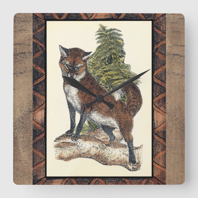 Reloj Cuadrado Rustic Fox Stepping on a Tree Trunk (Anverso)