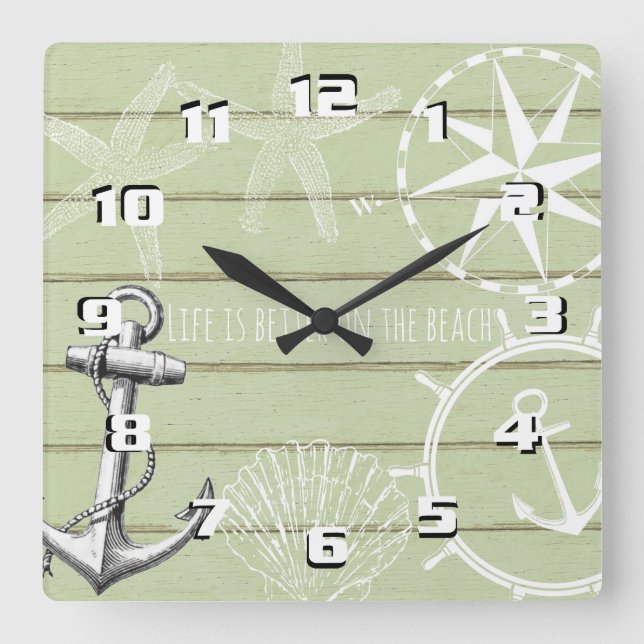 Reloj Cuadrado Rustic Nautical Life is Better on The Beach (Anverso)