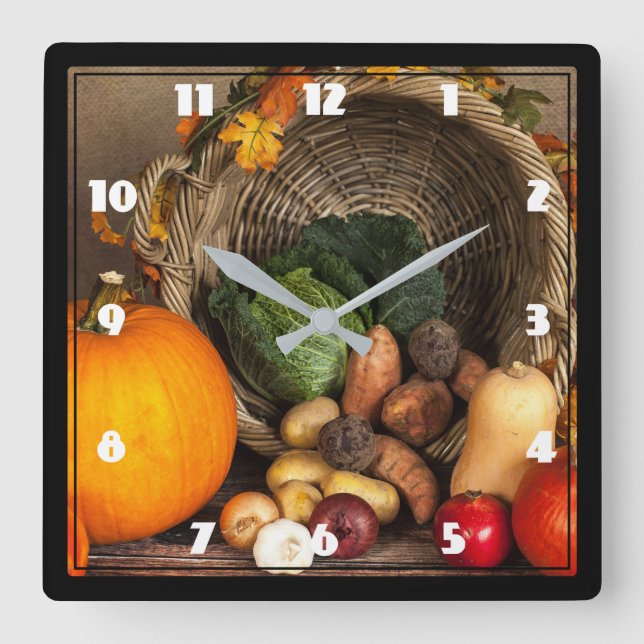 Reloj Cuadrado Rustic Thanksgiving Table Bountiful Harvest (Anverso)