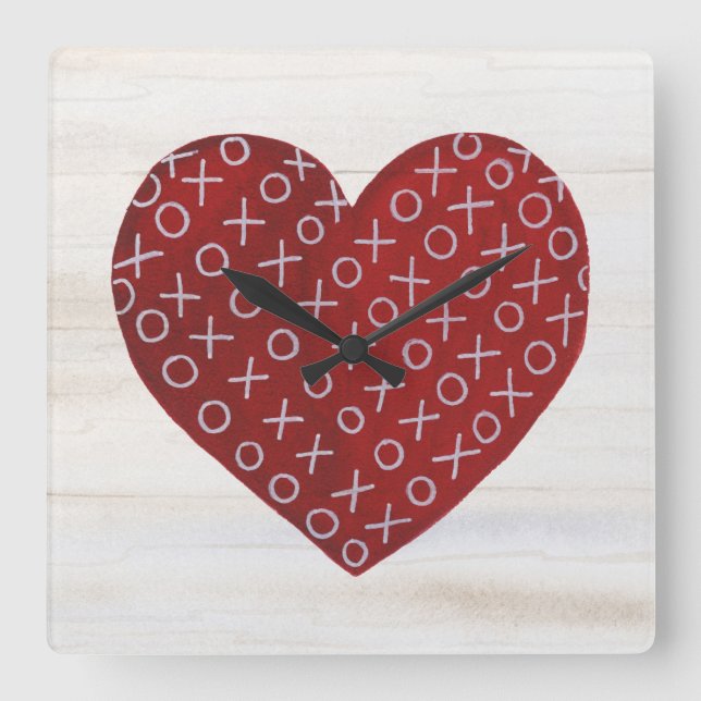 Reloj Cuadrado Rustic Valentine | Hugs & Kisses Heart (Anverso)