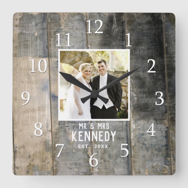 Reloj Cuadrado Rustic Wedding Anniversary Photo Stained Wood (Anverso)