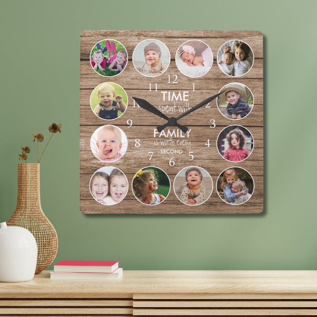 Reloj Cuadrado Rustic Wood 12 Photo Round Template Family Quote   (Subido por el creador)