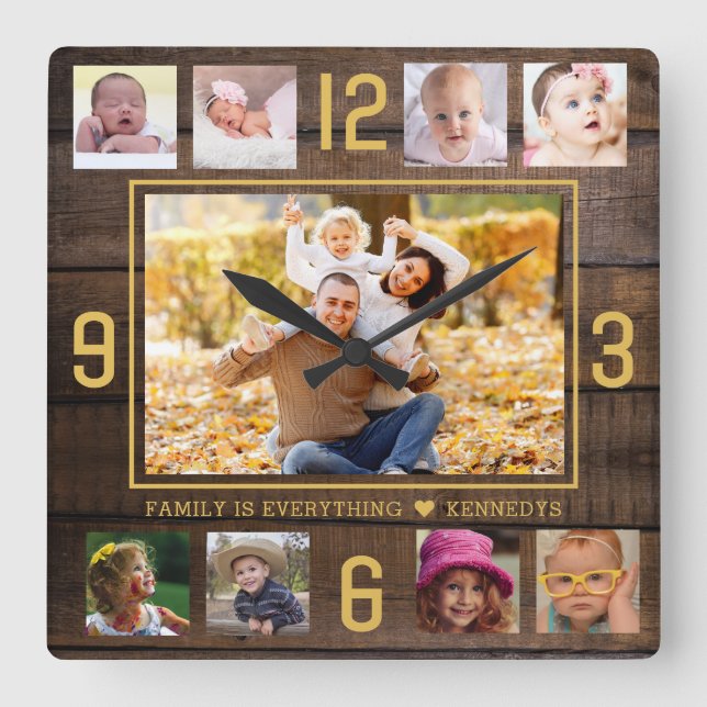 Reloj Cuadrado Rustic Wood 9 Photo Collage Quote Gold Numbers (Anverso)