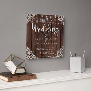 Reloj Cuadrado Rustic Wood String Lights Lace Boda