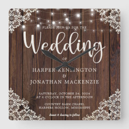 Reloj Cuadrado Rustic Wood String Lights Lace Boda