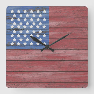 Reloj Cuadrado Rustic Wooden Barn Wall American Flag Patriotic