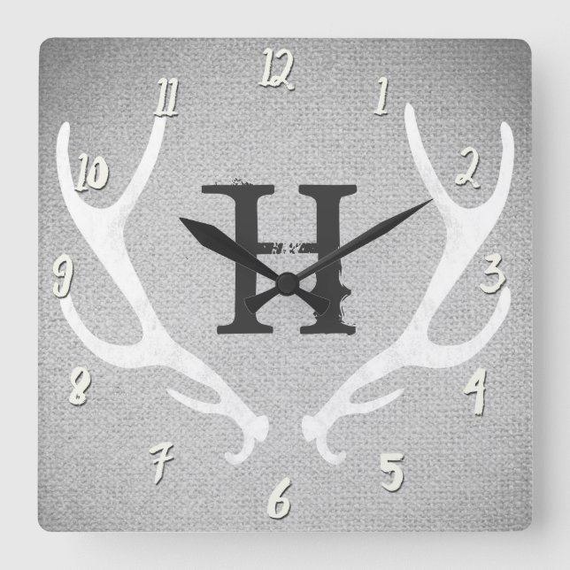 Reloj Cuadrado Rústica Antlers Blanco y Gris Deer Burlap País (Anverso)