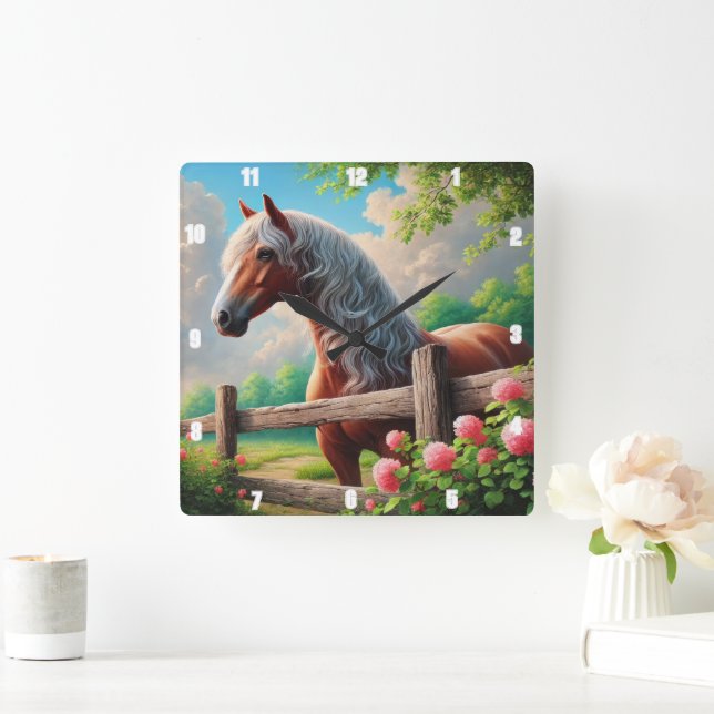 Reloj Cuadrado Rústica pradera de caballos vibrante campiña (Hogar)