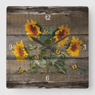 Reloj Cuadrado Rústico Barn Board Sunflowers Butterflies