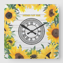 Reloj Cuadrado Rústico Barn White Wood Country Sunflowers