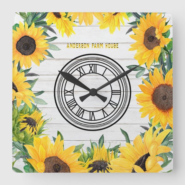Reloj Cuadrado Rústico Barn White Wood Country Sunflowers (Anverso)
