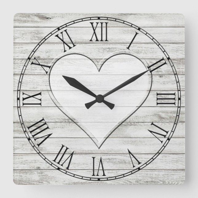 Reloj Cuadrado Rústico Corazón de textura de madera (Anverso)