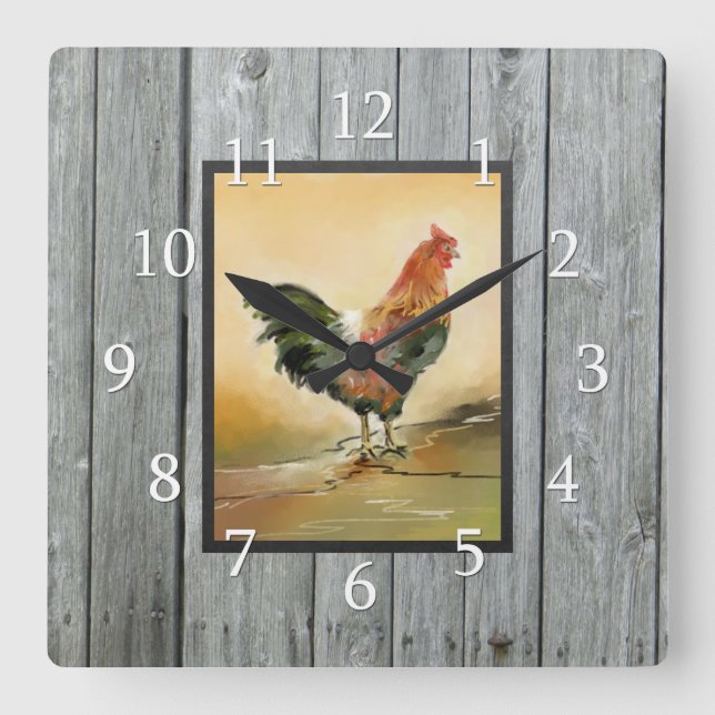 Reloj Cuadrado Rústico Country Rooster Wood (Anverso)