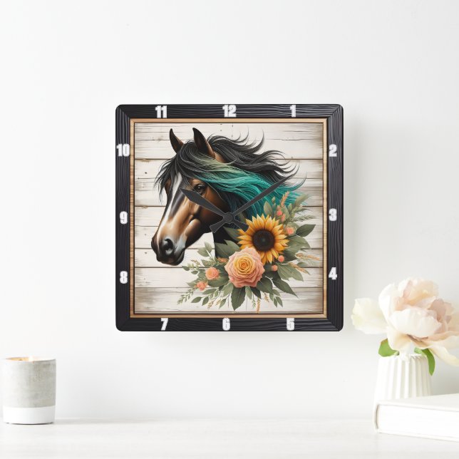 Reloj Cuadrado Rústico de caballo floral (Hogar)