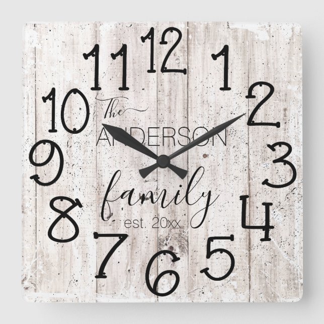 Reloj Cuadrado Rústico Faux Wood Barn Farmhouse Personalizado Nom (Anverso)