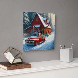 Reloj Cuadrado Rústico granero rojo y camión vintage