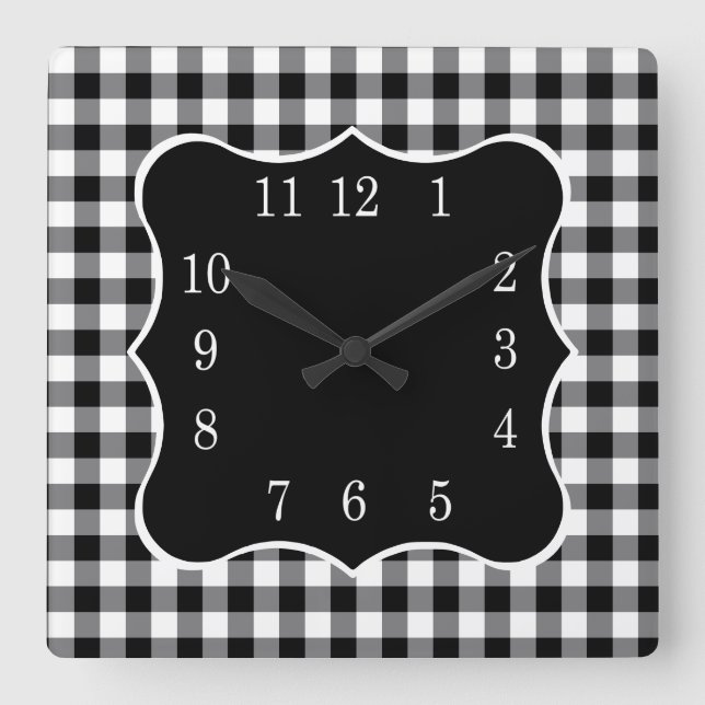 Reloj Cuadrado Rústico País Negro Y Blanco De Gingham   (Anverso)