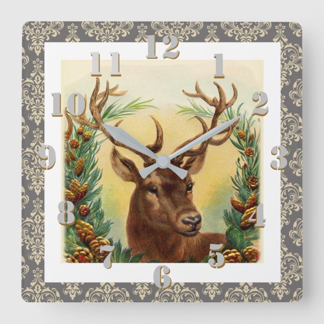 Reloj Cuadrado Rústico País Venado Elegante Navidad Vintage (Anverso)