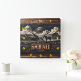 Reloj Cuadrado Rústico retrato de caballo cerca de una granja en 