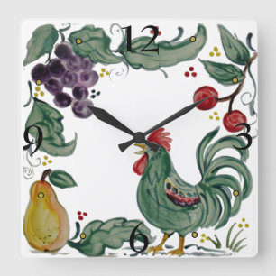 Reloj Cuadrado Rústico Verde azulado Rooster Fruit Folk Estilo Ti
