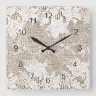 Reloj Cuadrado Rústico vintage burlap beige y encaje blanco