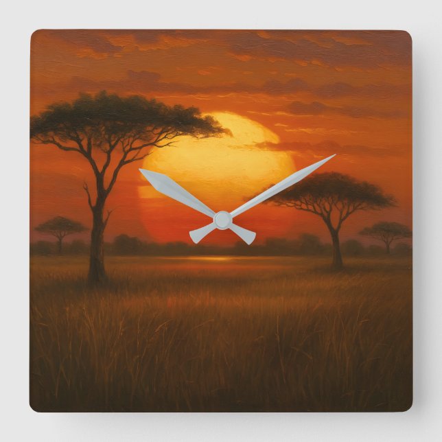 Reloj Cuadrado Sabana Africana - Estilo de Ilustración Escénica (Anverso)