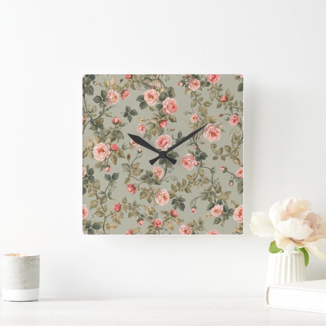 Reloj Cuadrado Sage Green Retro Maximalist Floral (Hogar)