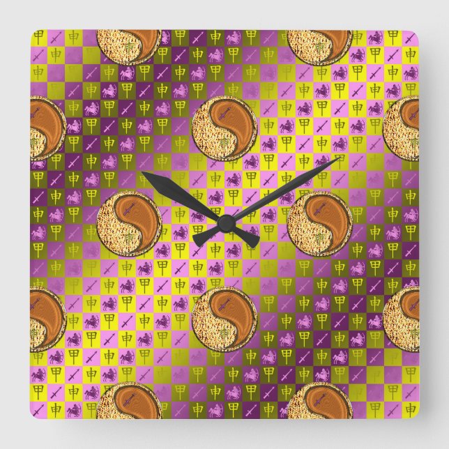 Reloj Cuadrado Sagitario y Mono de Madera (Anverso)