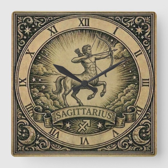 Reloj Cuadrado Sagittarius Vintage Zodiac Wall Clock (Anverso)