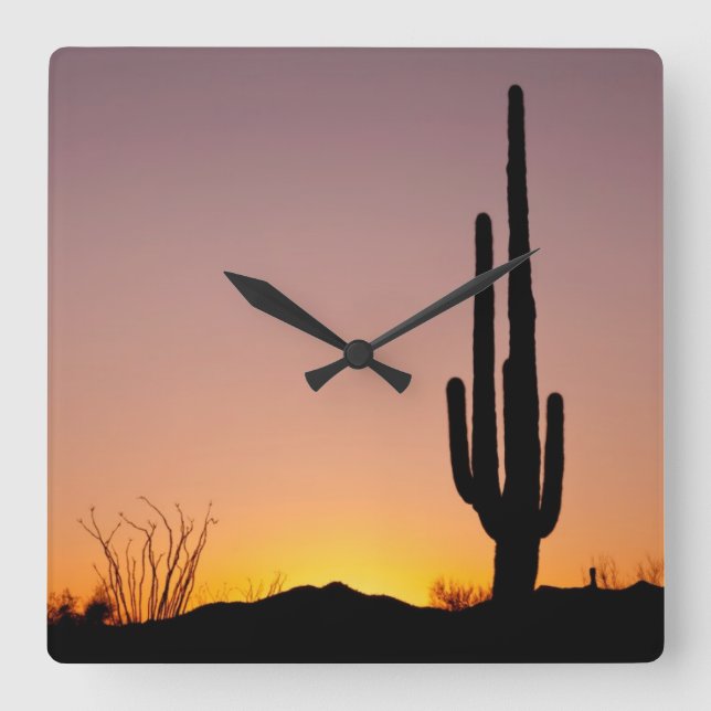 Reloj Cuadrado Saguaro Cactus al atardecer (Anverso)