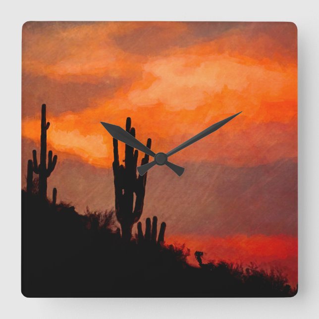 Reloj Cuadrado Saguaro Cactus Silhouette Arizona Red Sunset (Anverso)