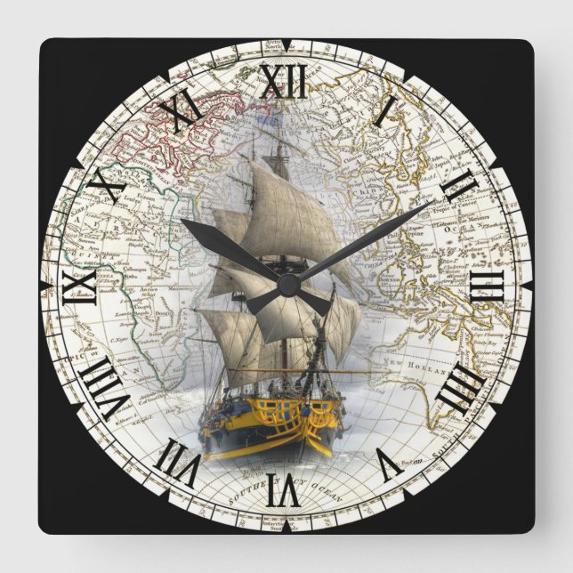 Reloj Cuadrado Sailing Ship  ~ 1789 Eastern Hemisphere Map ~  (Anverso)