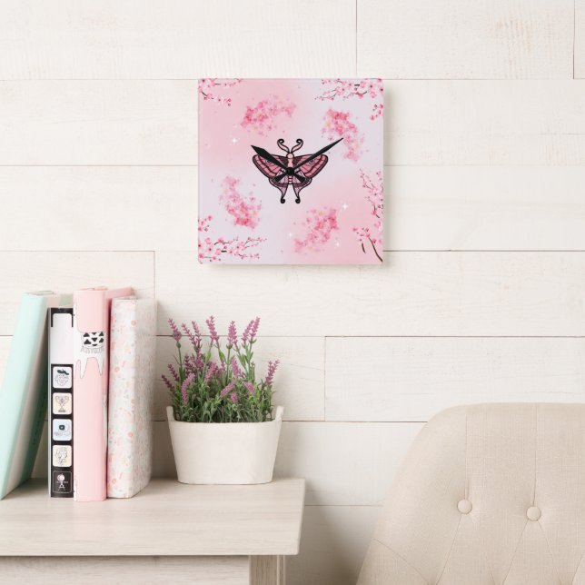 Reloj Cuadrado Sakura Bliss, polilla rosada, fondo sakura (Sala de lectura)