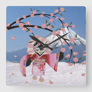 Reloj Cuadrado Sakura Geisha Pájaro en la Nieve Flor de Cerezo