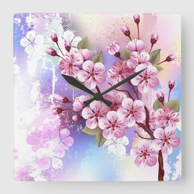 Reloj Cuadrado Sakura rosa sobre fondo de pintura (Anverso)